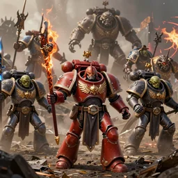 The Emperor of mankind together with the primarchs are fighting against the Orcs. Epic battle, brutal style, super quality, 4k.