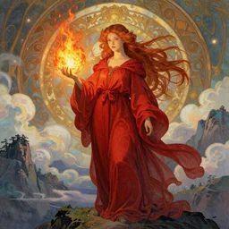 a beautiful princess holding a fireball, ginger hair with freckles, wearing long flowing red robes inspired by alphonse mucha, standing on a mountain top with epic clouds and godlike lighting, intricate illustration and highly detailed digital painting. concept art by artgerm. inspired by brom art and larry elmore.