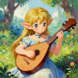 Cute Bard Girl playing a lute, trending on Pixiv, trending on ArtStation, vibrant gouache painting scenery, highly detailed fantasy character illustration by Wayne Reynolds and Charles Monet and Gustave Dore