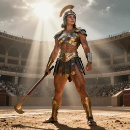 large and strong female gladiator standing in the arena, muscular and mighty, low angle, sunshafts, by jeff easley and ralph horsley