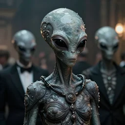 grey alien masquerade ball, intricate details, very realistic, cinematic lighting, volumetric lighting, photographic, cinematic film still, lars von trier by roger deakins and moebius