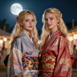 two beautiful alluring blonde uighur girls wear fantasy kimono in festival | | sunny night, full moon, dreamlike art, realistic shaded, smile, good looking, hyper details, 4 k realistic, cryengine, realistic shaded lighting poster by artgerm, ross tran, fuji choko, 8 k resolution, trending on artstation, luxury