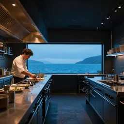michelin star restaurant interior, kitchen pass an underwater view of pristine scottish seas, dynamic lighting, moody lighting