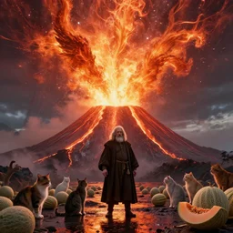by barthel bruyn the elder and senior character artist, visually stunning, cinematic, ultra realistic, hyper realism, 1 2 k, epic, octane render, unreal engine, vfx, maya, a phoenix giving the illusion of an eruption, cats and cantaloupes, the volcano is wet