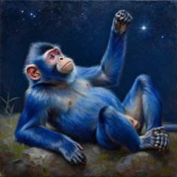 blue monkey lying on his back looking up at the stars, oil on canvas, intricate, 8 k highly professionally detailed, hdr, cgsociety