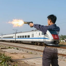 an bullet train being shot out of a pistol, double exposure