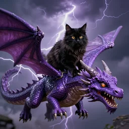 a photo of black fluffy cat, riding on top of a big purple dragon in an electrical storm, ultrarealistic, highly detailed, 4 k