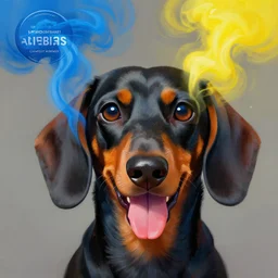 a painting of a dachshund facewith its tounge sticking out, with blue and yellow smoke coming out of, a digital painting by petros afshar, behance contest winner, digital art, behance hd, digital illustration, digital painting