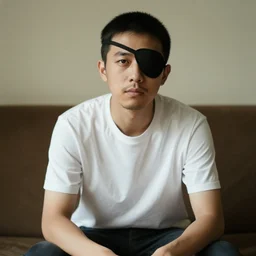 a man wearing an eyepatch sitting