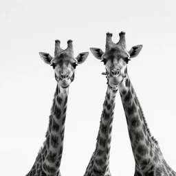 two giraffe black and white portrait white sky in background