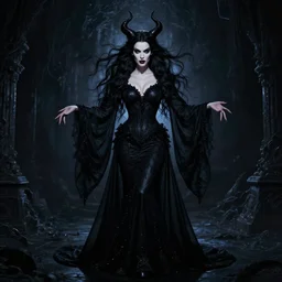 style of john howe : : gorgeous willa holland : : evil witch, swirling black magic, black dress : : symmetrical face, symmetrical eyes : : full body pose : : gorgeous black hair : : magic lighting, low spacial lighting : :