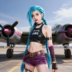 jinx from arcane as a pin - up model on a b - 5 2 bomber