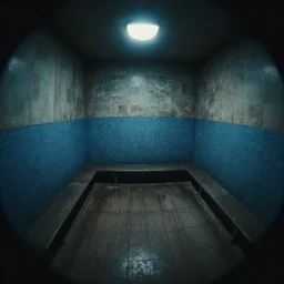 water park backrooms. moody, melanchonic. fish eye