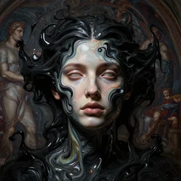 epic concept art. 3 d abstract beautiful female face surrounded with swirling black and color liquid fluid, marblic liquid acrylic paint, dark mood and black latex, fresco by michelangelo, epic light, matte painting. greg rutkowski, wlop, victo ngai, lee griggs. highly detailed octane render