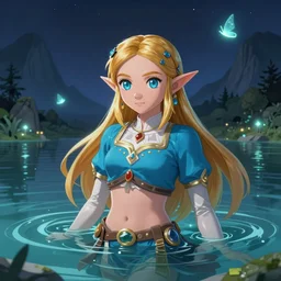 portrait of zelda in a magical lake, half submerged in water, highly detailed, digital painting, artstation, night scene with moutains with glowing sprites, wlop concept art, smooth, sharp focus, illustration, art by dreadjim, craig mullins and greg rutkowski, 8 k