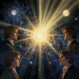 reflecting different facets of the transmission mechanism the mysteries of time by dan mumford, anton fedeev, william higginson, ross tran, cosmic, heavenly, god rays, intricate detail, cinematic, cel shaded, unreal engine, featured on artstation, pixiv