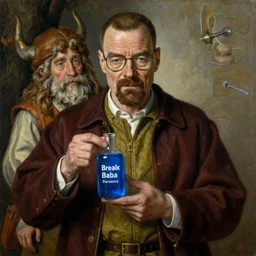 portrait of walter white from breaking bad selling blue meth to jesse pinkman dressed as a hobbit, detailed oil painted by albrecht durer, classic pose, medieval dressed