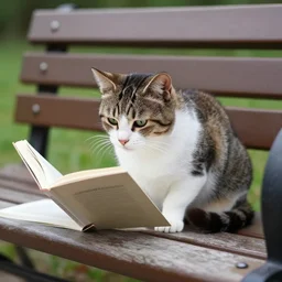 a cat reading on a park bench by wolp
