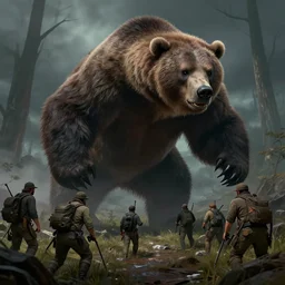 giant grizzly monster terrorising a group of poachers, dark fantasy, dnd, extremely detailed, sharp focus, smooth, matte painting, concept art, vaporwave style, trending on artstation