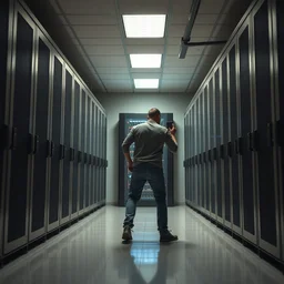man steals a server from a server room, real event, realism, hdr, hdd, 8 k