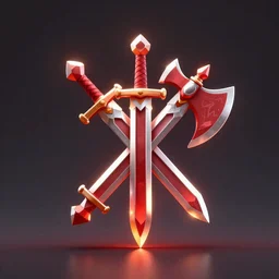 game - icon of medieval sword and axe crossed on a prism, red powerful fantasy epic legends, game icon stylized, digital illustration radiating, a glowing aura, global illumination, ray tracing, 8 k high definition, intricate details, octane render, unreal engine, trending on arstation