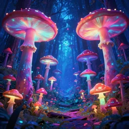 Vast forest of many giant glowing mushrooms, Neon colors, psychedelic art, trippy, 4k, HQ, Trending on Artstation