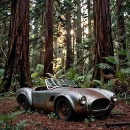 Photograph of an abandoned broken down rusty AC Cobra in an old redwood forest, massive trees, overgrown with vegetation, sun shining through the trees, backlit, crepuscular rays, muted colors, 8k