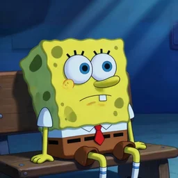 close - up of spongebob with a sad expression slouching on a bench, global illumination!!! dim lighting, sad lighting, sad mood, blue, midnight, cinematic, extremely detailed, beautiful, stunning composition, beautiful light rays, trending on artstation
