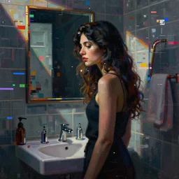 a beautiful glitched painting by christian hook of a woman in a bathroom, geometric shapes and pixel sorting, brushstrokes by jeremy mann, still life, dark colors