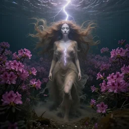 a goddess of azaleas!! standing in a windy underwater garden! with a beautiful symmetrical face!!! cinematic lightning, murky dusty deep, smoky eyes, isolated, studio lighting by artgerm and tom bagshaw