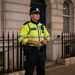 A British police officer guarding London at night, highly detailed, ambient lighting, trending on art station