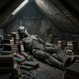 a disturbing, melancholy photograph of a solemn, lonely humanoid golem locked up in a synagogue attic, laying on a pile of books
