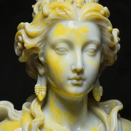 a dark baroque close - up portrait of a vivid yellow and white porcelain being made out of white liquid sci - fi vitrified translucent ceramic marble ; china. reflective detailed textures. gloomy black background. highly detailed fantasy science fiction painting by moebius, norman rockwell, frank frazetta, and syd mead. rich colors, high contrast. artstation