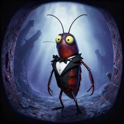 curved perspective, extreme narrow, extreme fisheye, digital art of a cockroach cartoon character wearing a black suit by anton fadeev from nightmare before christmas