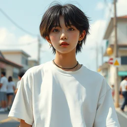 wide - shot photo of a 👱♀, wearing 👚 and 🩳, by wlop, trending on artstation
