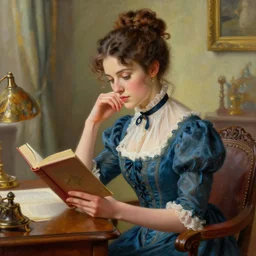 an intricate artistic pose painting of a beautiful young victorian lady sitting at her desk reading a book, hyper detailed, octane render, vivid colors, by boris vallejo, single face