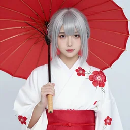 beautiful girl, silver hair, red umbrella, white kimono with red flower patterns, fliying koi around, full body shot, ilustration by Takehiko Inoue ((and Krenz Cushart))