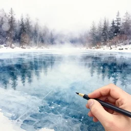 watercolor painting of crystal clear ice lake, reflective, crisp winter, fog and snowing, ambient lighting, art by hand dahl