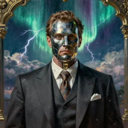 king king wearing a 3 piece suit. head and chest. upperbody. movie scene, cinematic sci - fi scene. cloth and metal, accurate anatomy. portrait and science fiction theme with lightning, aurora lighting. clouds and stars. futurism by beksinski carl spitzweg moebius syd mead and tuomas korpi. baroque elements. baroque element. intricate artwork by caravaggio. oil painting. award winning concept art. trending on artstation. 4 k
