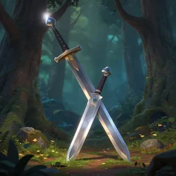 big sword in the fantasy forest, by pixar, disney, dark,