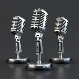 3 d render of stainless steel retro microphone on the black onyx stand, octane render, corona render, unreal engine, realistic render,