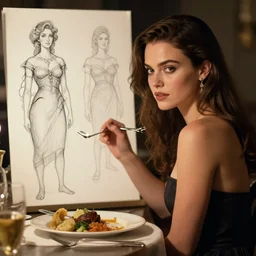 mila kunis eating dinner, character sheet, character design, contrast, deep focus, turnaround, highly detailed, dramatic lighting, digital painting, artstation, concept art, matte, sharp focus, illustration, elegant, art by artgerm and greg f and alphonse mucha.
