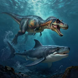 a kronosaurus battles a megalodon in the ocean depths, cosmic horror painting, elegant intricate digital painting artstation concept art by mark brooks and brad kunkle detailed