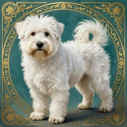 a completely white coton de tulear dog. teal with a gold filigree background. masterful, detailed drawing. art by mucha