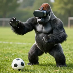 gorilla with vr headset playing soccer, vivid