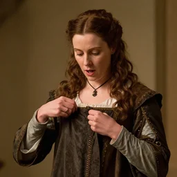 portrait by Edmund Blair Leighton of pam beesly in medieval clothes who is pulling her clothes, she is looking down at her clothes, surprised expression, pulling her clothes with her hands, detailed face