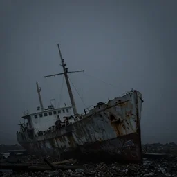 shipwreck in front of concrete wall by Sean Yoro, dark, foggy, gloomy