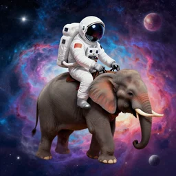 astronaut riding an elephant in space, colorful nebula in the background, digital painting,