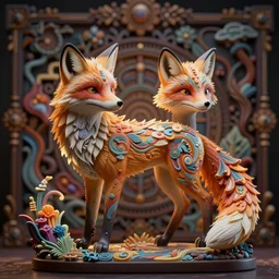 A photo-real delicate sculpture of an ornate fox in front of an intricate background by AJ Fosik, Micro detail, backlighting, octane renderer, colorful, physically based render