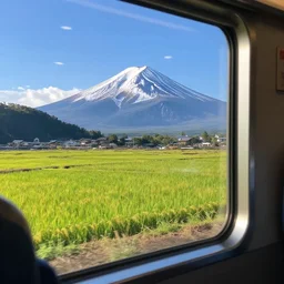 a photo of mount fuji, japanese landscape, rice paddies, beautiful sky, seen from a window of a train.